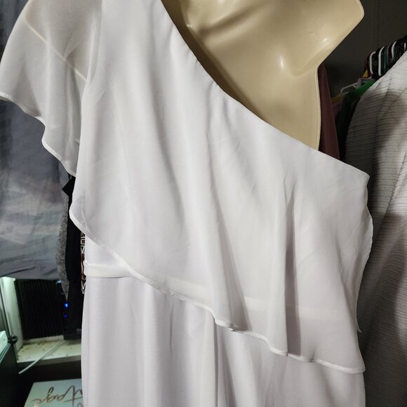 Azazie A-Line One Shoulder Chiffon Floor Length White Dress Size 12 - Picture 5 of 7